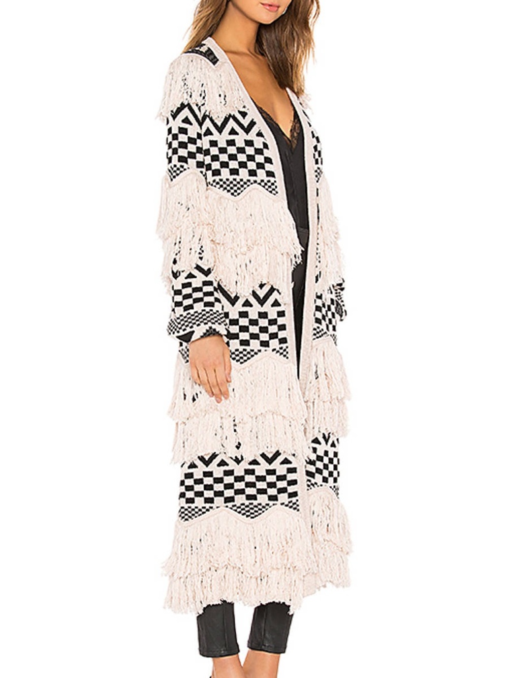 House of Harlow 1960 Black and Ivory Fringed Check Maxi sweater